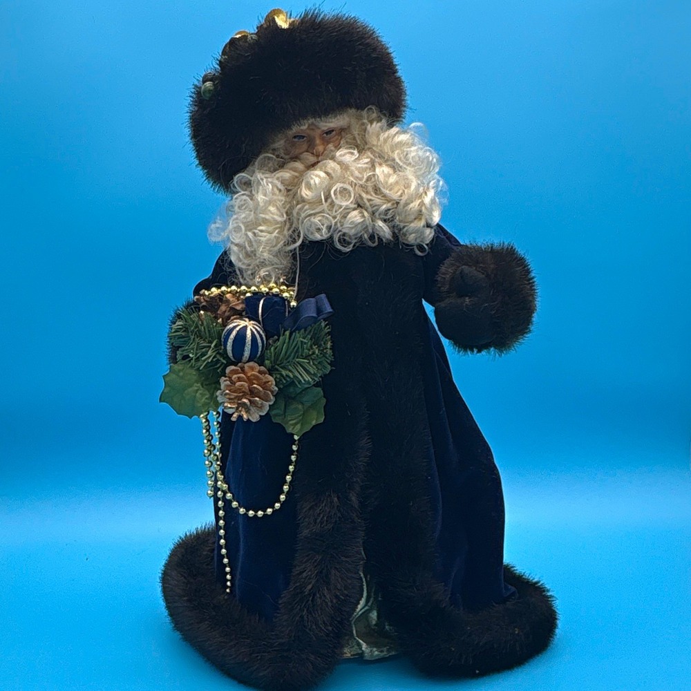 Vtg Victorian Santa 18" Tabletop Figurine Royal Blue Velvet Dark Brown Fur Gold